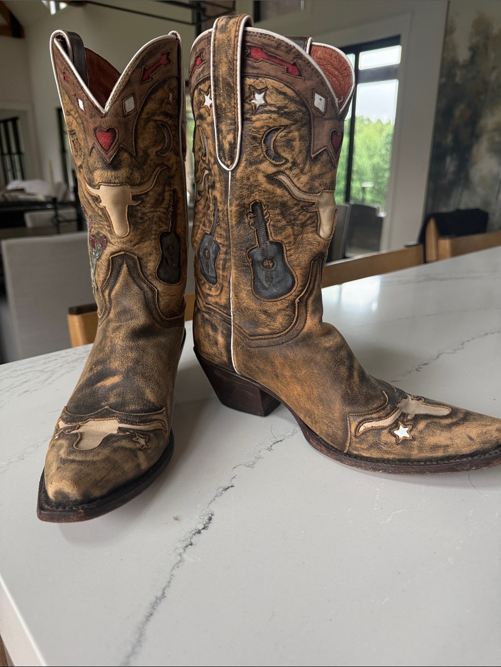 Dan Post Women's Distressed Brown Cowboy Boots with Guitar Motif